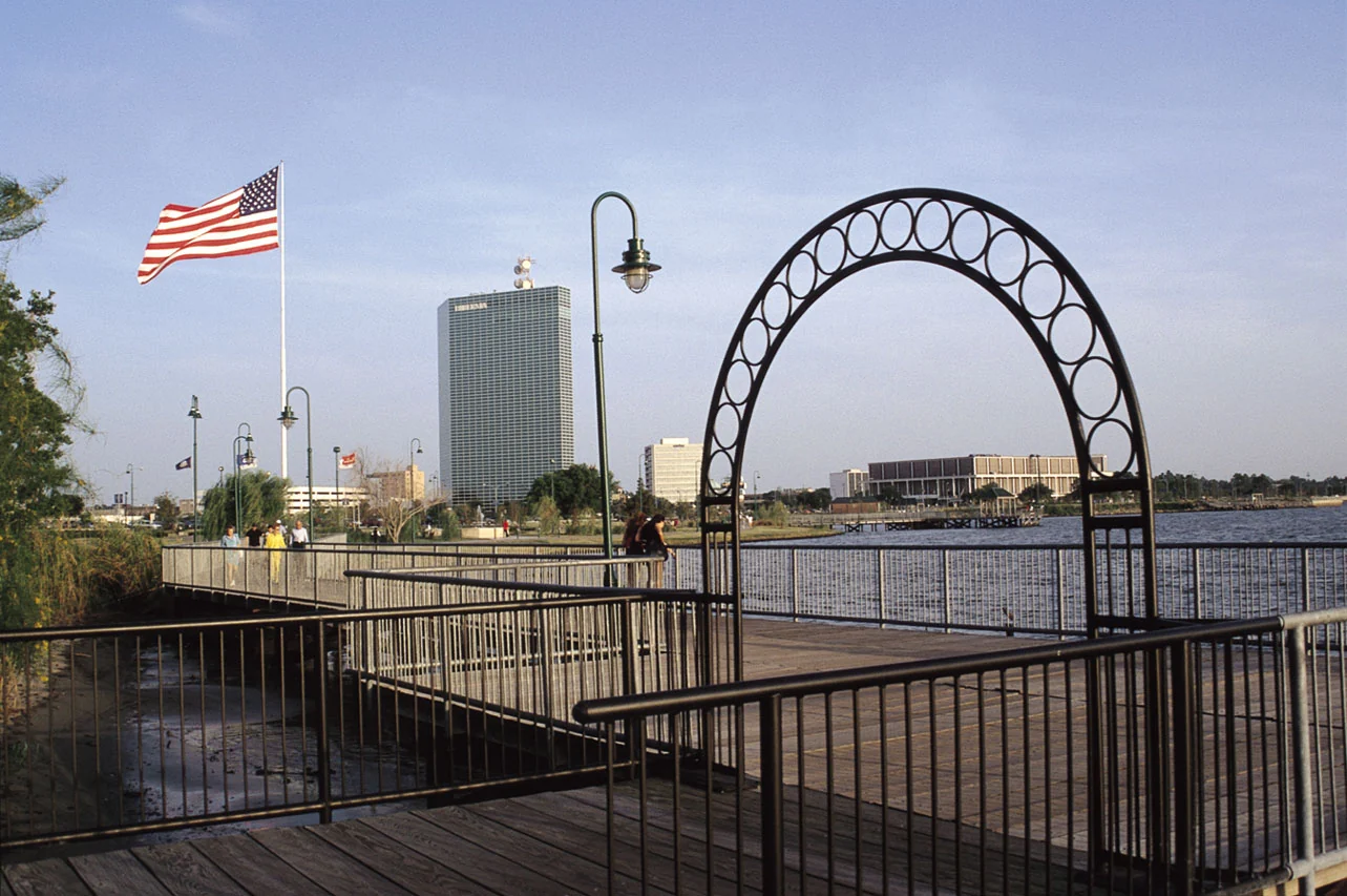The lakefront boardwalk in Lake Charles, Louisiana